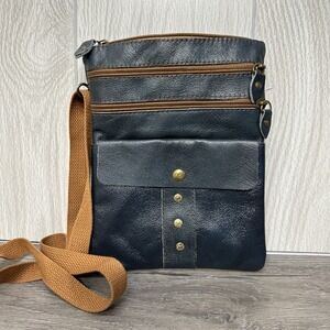 Dark Navy Leather Crossbody Bag Multi Zip Pocket Tan Strap Casual Travel
